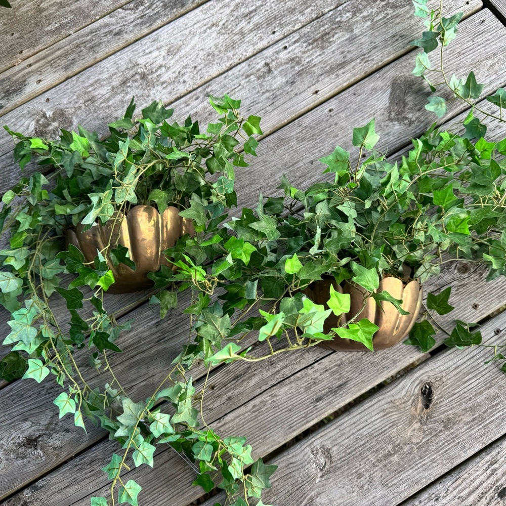 Vintage Pair Of Brass Scalloped Wall Planters
